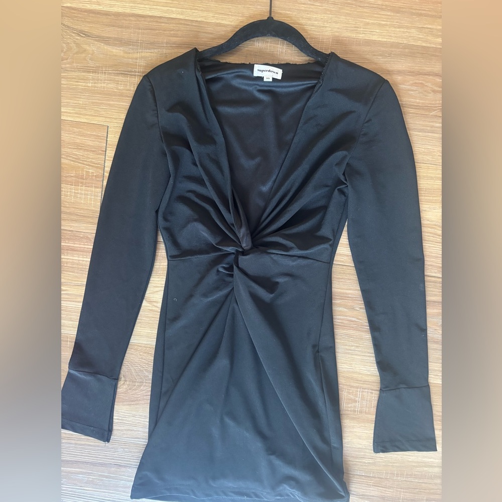 Super down low cut black cocktail long sleeve dress